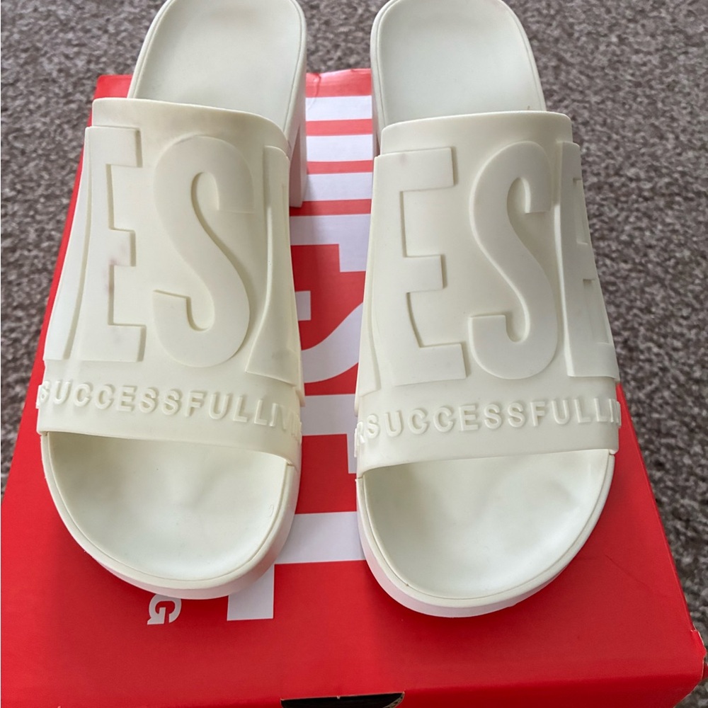 Diesel White Slide Sandals